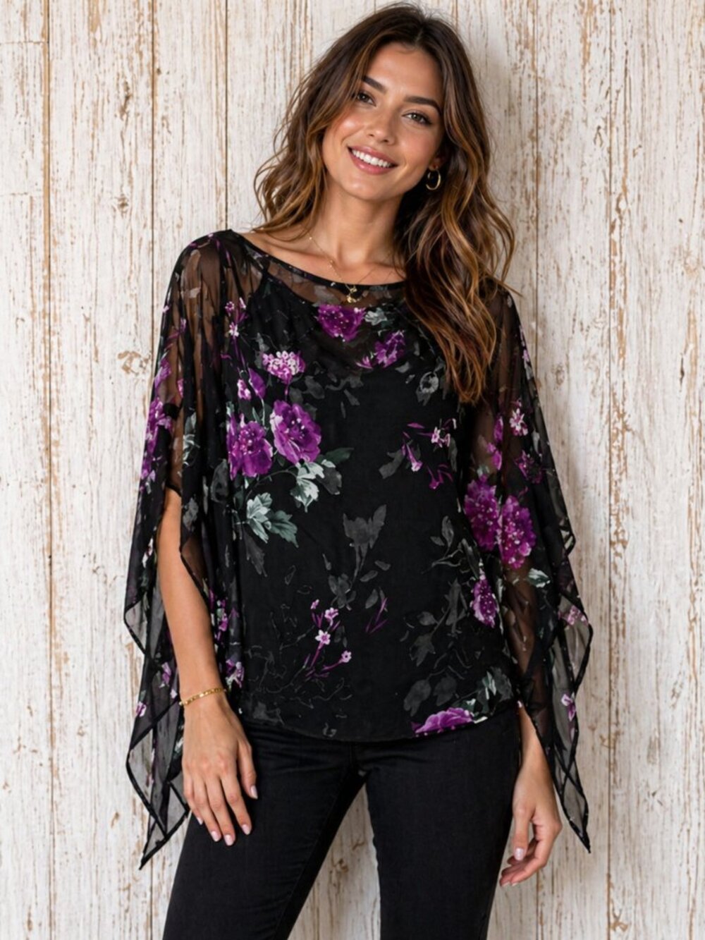 Silkland Silk‎ Floral Poncho Top L Sheer Boho Whimsigoth Cape Batwing